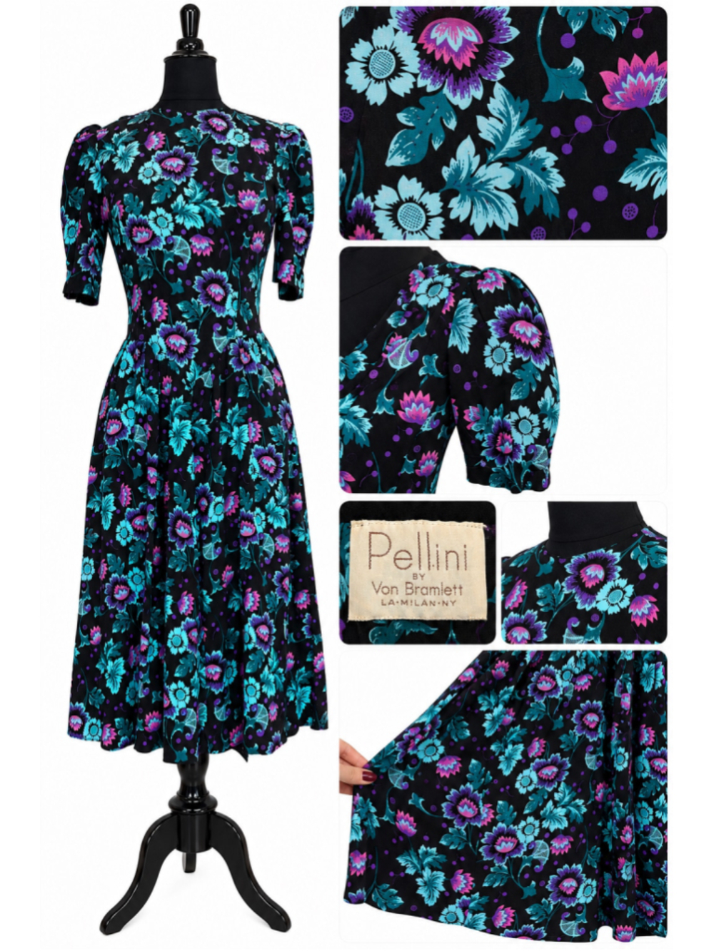 Vintage 80s Pellini Von Bramlett Rayon Floral Midi Dress Size 6
